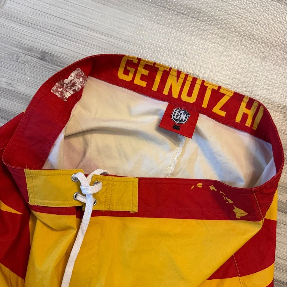Getnutz HI Board Shorts Mens 36 Yellow Red Hawaii Graphic Surf Trunks Beachwear